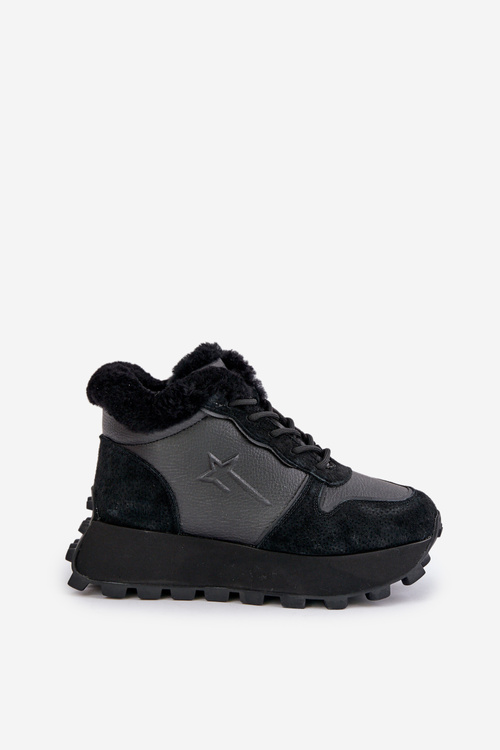 Kožené Sneakersy Kotníkové Dámské S Kožíškem Na Platformě Big Star OO274A329 Černé