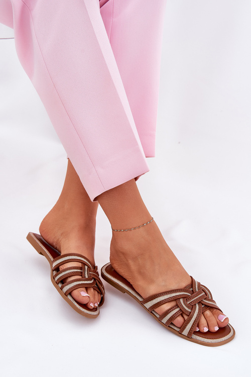 Dámské Ploché Pantofle S Propletenými Pásky Hnědé Acimine