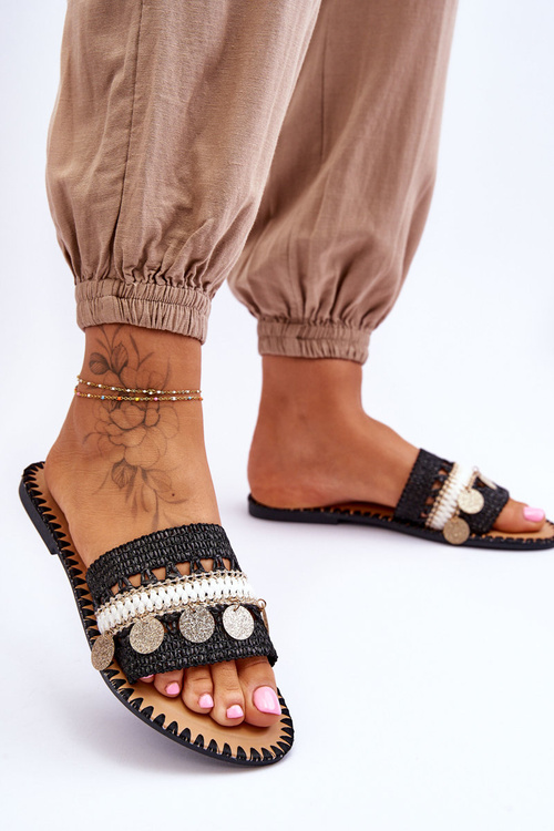 Dámske opletené zdobené čierne Millano flip -flops