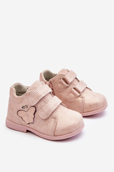 Kožené suchý zips s ružovým motýľom avi