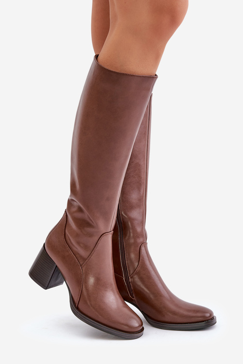 Kožené Kozačky Na Podpatku Před Koleno S Hřejivou Podšívkou Sergio Leone KZ231-S Hnědé