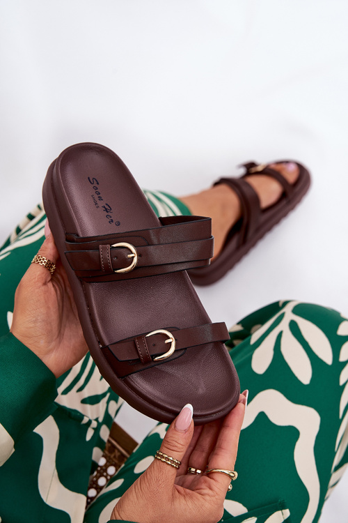 Dámske Sandále Na Platforme So Zlatými Prackami Hnedé Wernone