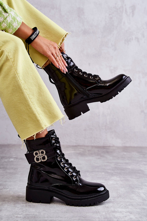 Lakované dámské teplé boty s zdobením černe Hayes