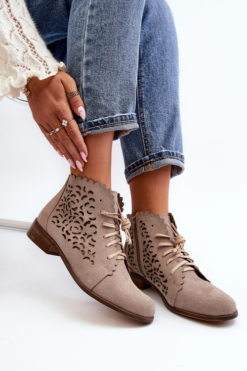 Dámske Čipkované Čižmy na Šnurovanie Zazoo 2871 Bežové