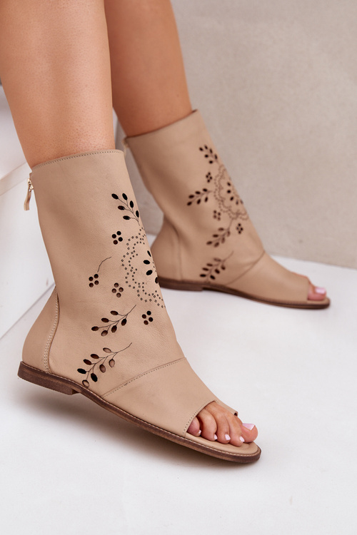 Zazoo 3437 Dámské Kožené Sandály S Kapsou Na Zipu Béžové