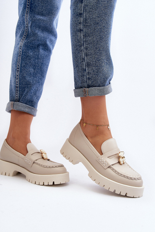 Kožené poltopánky mokasíny s medveďom CheBello 4291 svetlo béžové