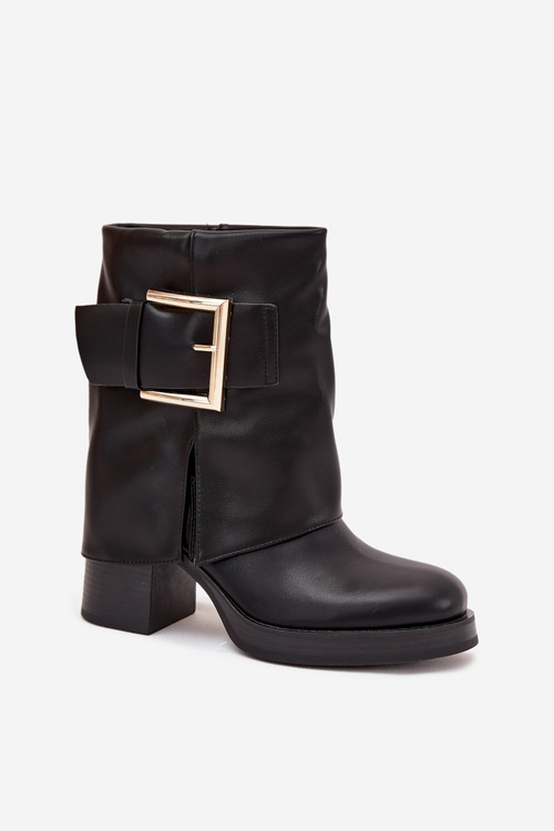 Dámske Zateplené Čižmy Na Opätku So Zlatou Sponou Čierne Milira