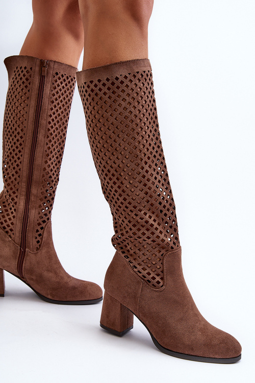 Proutěné kozačky na podpatku z semiše hnědé Jolenna