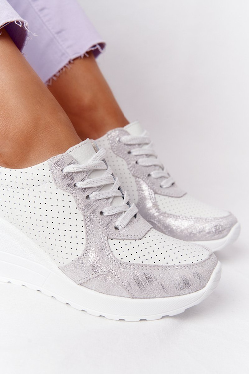 Kožené Klínové Boty Sneakersy S.Barski Bílé-Stříbrné