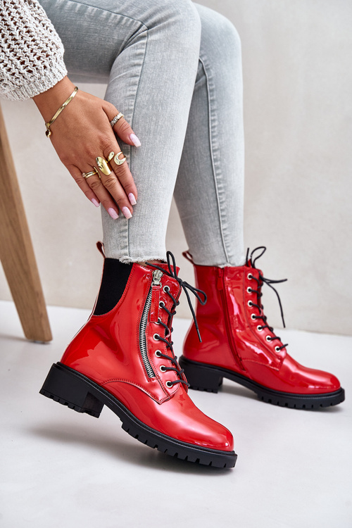 Lakované Pracovné Topánky Na Zips Zateplené Červené Ravanthia