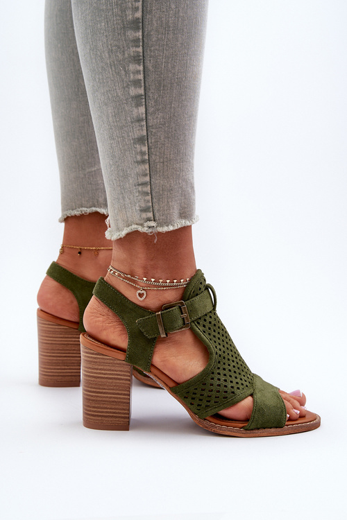 Čipkované sandále na opätku tmavozelené Hey Lover