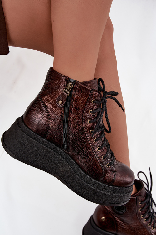 Kožené kotníčkové boty na masivní platformě Maciejka 06309-32 metalický hnědý