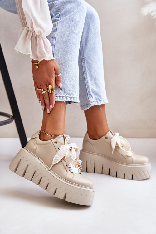 Dámské tenisky na masivní podrážce se zlatou ozdobou CheBello 4530 Béžové