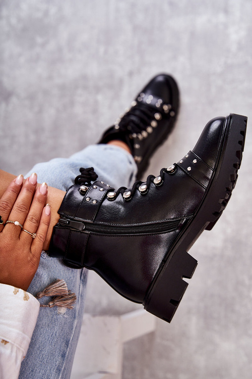 Kožené topánky s dekoratívnym pásom čiernou Sabine