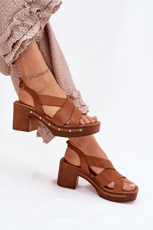 Kožené sandály na podpatku Zazoo 1081 hnědé