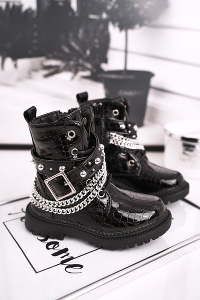 Dětské Kotníkové Boty S řetízkem Izolované Kožešinou Lakované Černé Dolly