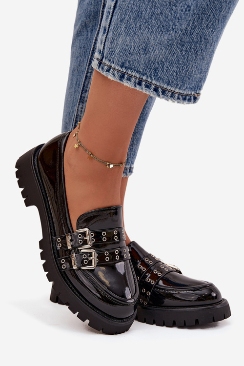 Kožené dámske mokasíny s páskami a striebornými prackami Čierne Gabrisse