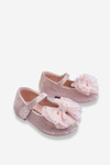 Detské baleríny s lukom a trblietkami so strieborným ružovým suchým zipsom Elisa