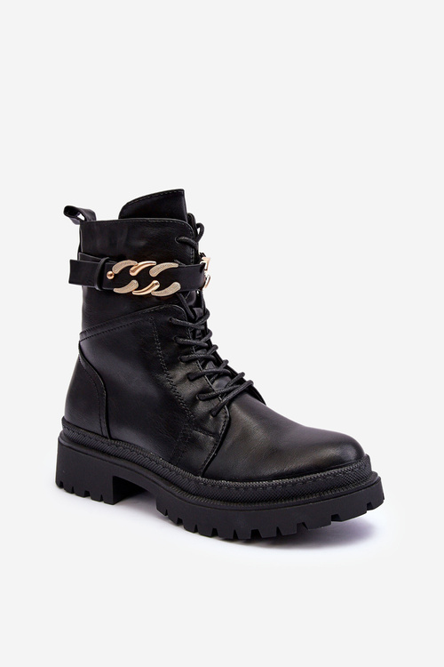 Kůže Botky Workery s Ozdobným Páskem Černé Enili