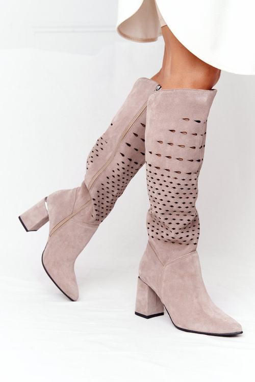 Jarní Prolamované Semišové Kozačky Lewski Shoes 2847/B Béžové