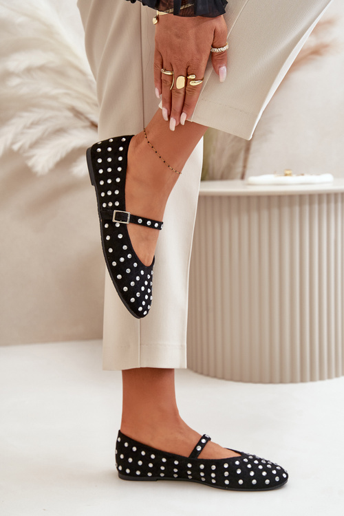 Zdobené baleríny s páskem eko zamšové černé Tirilissa