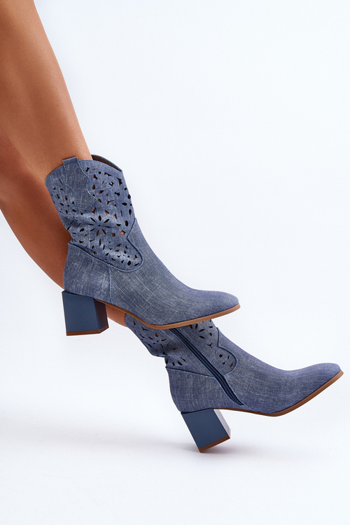 Džínové Botky S Korálkovou Špičkou Na Podpatku Modré Irvelame