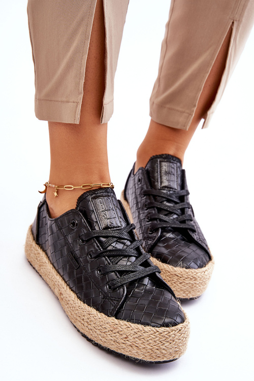 Zviazané espadrilles na pletenej veľkej hviezde JJ274396 čierna platforma