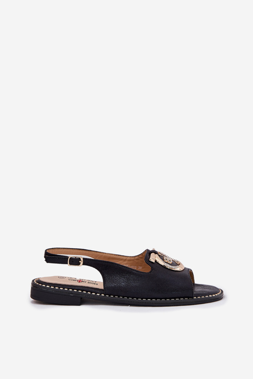 Elegantní Sandály S Dekorací Na Plochém Podpatku S.Barski KV51-003 Černé