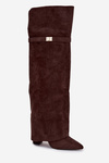 Zateplené kozačky s stočeným horním lemem nad koleno podpatek sloupek čokoládové Serelle