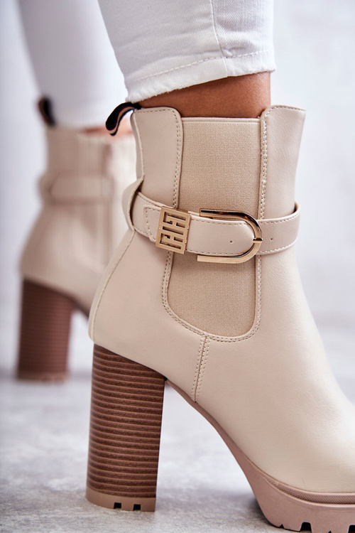 kožené kozačky na sloupku s ozdobným páskem béžové Maresol