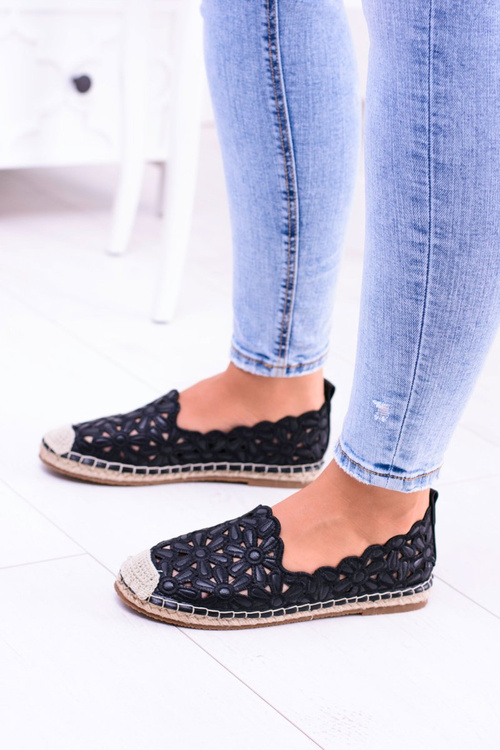 Lu Boo Dámske baleríny čierne espadrilly s kvetmi macarena