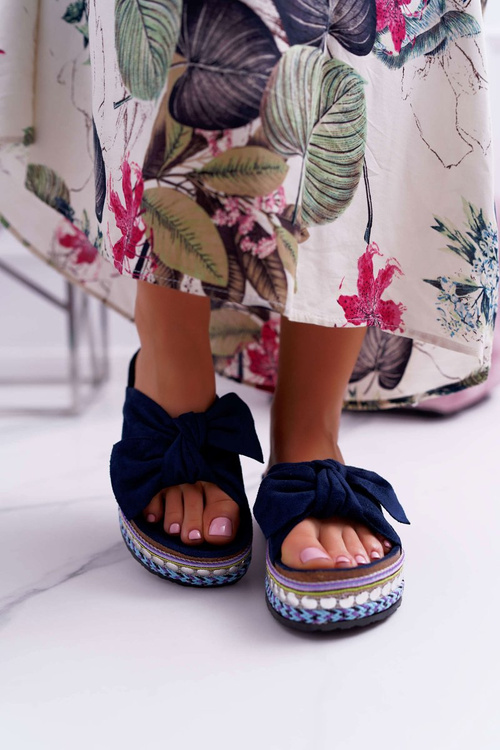 Ženské žabky s lukmi hrubá námornícka modrá podrážka Milady