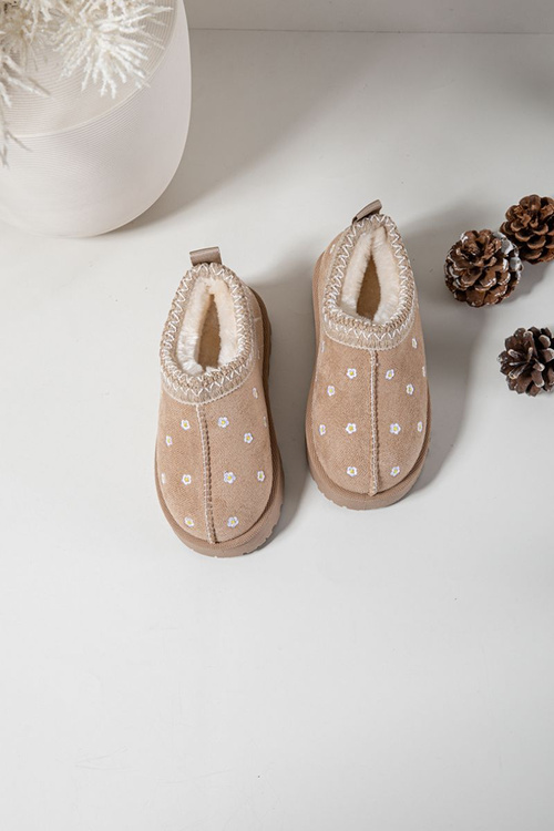 Dětské sněhule s květinami zateplené kožešinkou béžové Palina