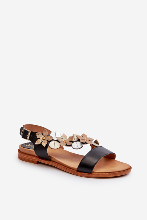 Dámské kožené sandály zdobené květinami Laura Messi 2762 černé