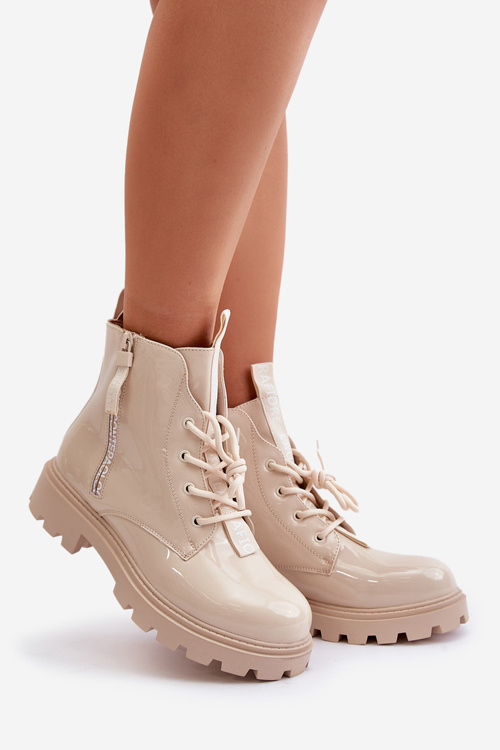 Lakované Dámske Pracovné Topánky Zateplené S Nápismi Béžové Zinfreya