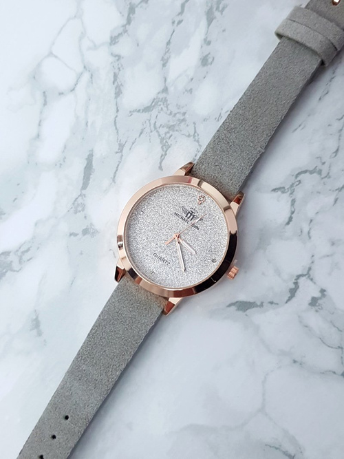 Dámske hodinky Michael John Evento Gray Suede Belt Glitter