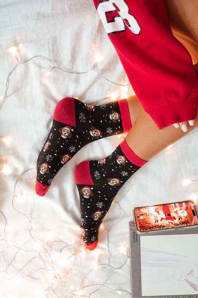 Dámske Vianočné Ponožky Šteniatka V Čiapke Mikuláša Čierne