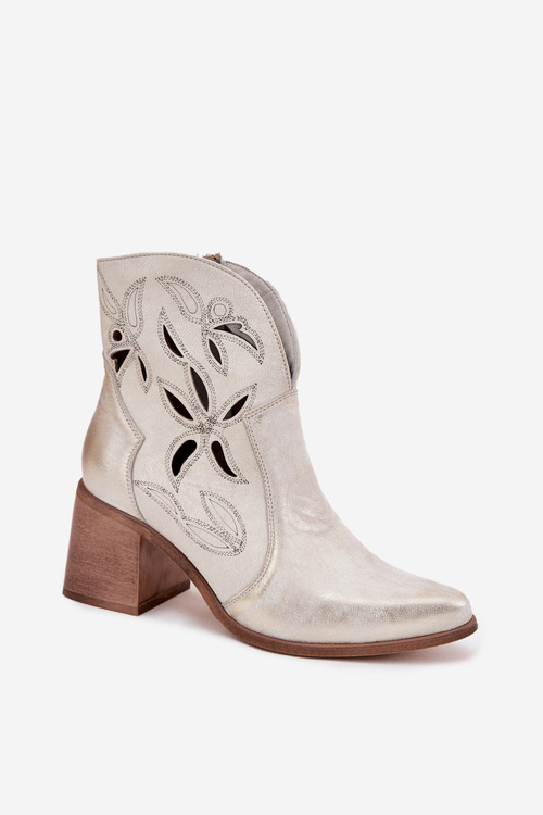 Dámske otvorené topánky z prírodnej kože na podpätku Zazoo 3690 zlaté opotrebované