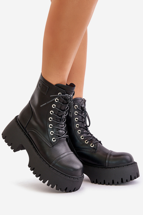 Zateplené Kožené Čižmy Pracovné Pre Ženy S Kryštálmi GOE OO2N4125 Čierne