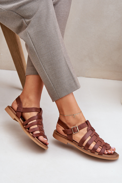 Kožené sandály na plochém podpatku hnědé Zazoo 3686