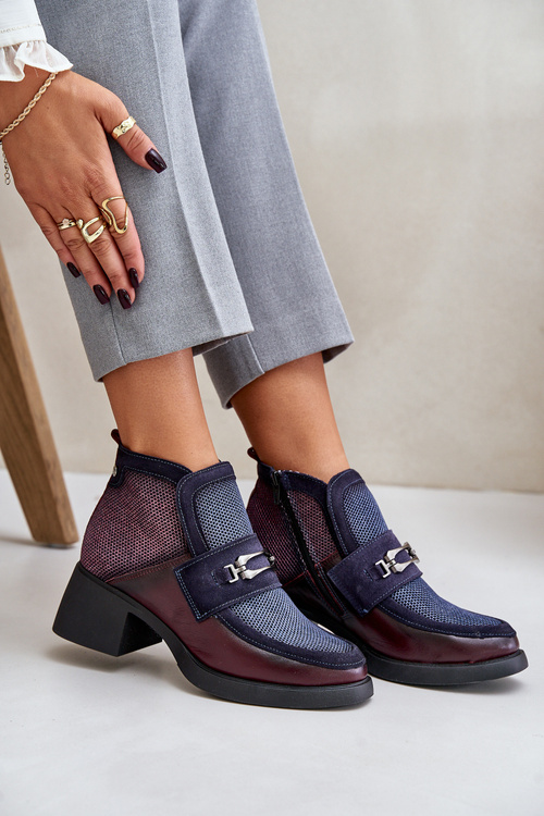 Dámské Kožené Kotníkové Boty Na Masivním Podpatku S Dekorací Maciejka 06747-23 Bordově-Námořnické