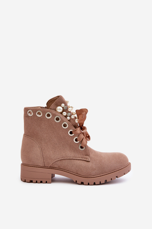 Semišové Zateplené Čižmy S Perlami A Stuhou Béžové Perla