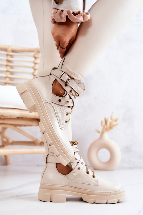 Kožené dámské kozačky s výřezy Světle béžová Everly