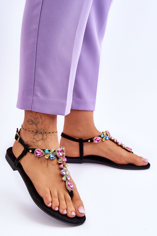 Semišové sandále flip -flops s kameňmi čierne frency