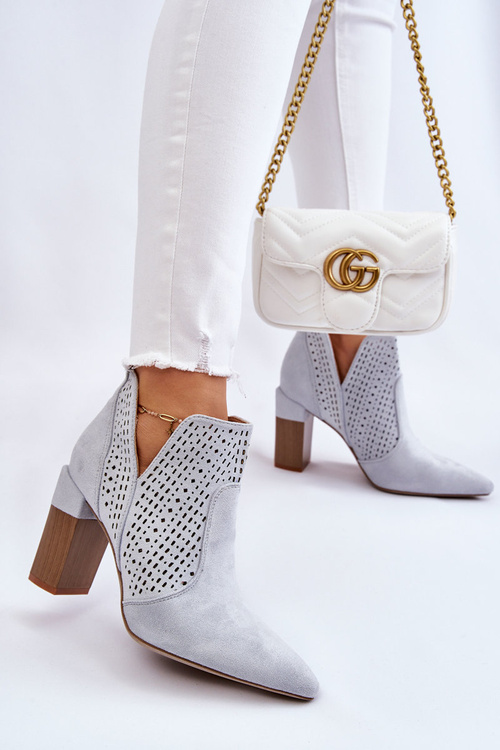 Módní semišové prolamované boty na vysokém podpatku Šedá Genevi