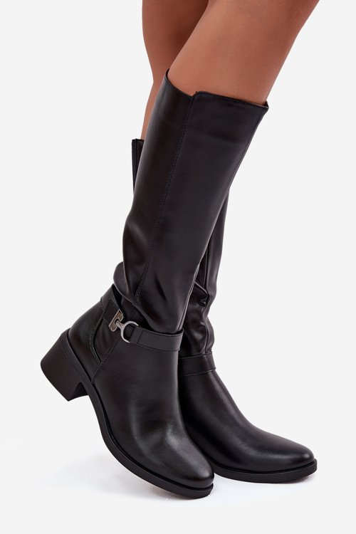 Ocieplane Dámske Kožené Čižmy Na Klinu S Pásom Sergio Leone KZ25826 Čierne