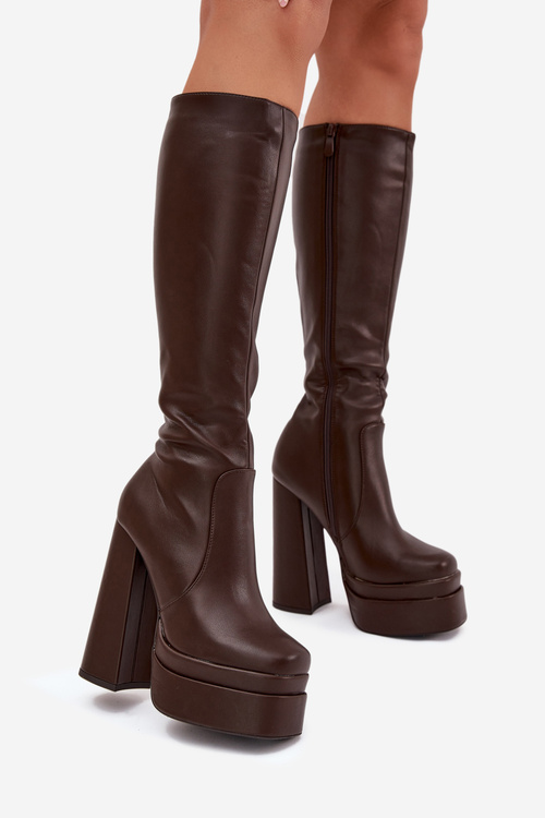 Zateplené dámske čižmy na podpätku a platforme čokoládové Lysara