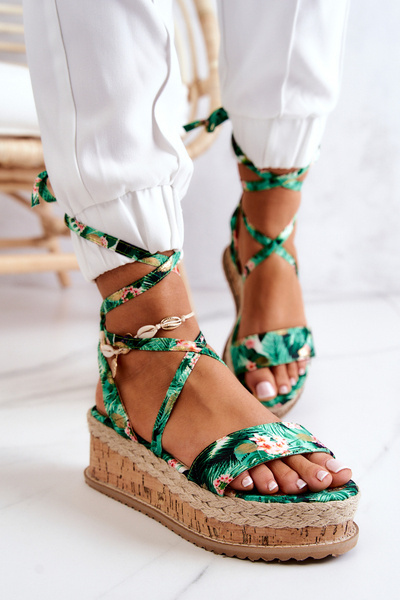 Sandály Espadrilky Na Klínu Zelené Květiny Roxanne
