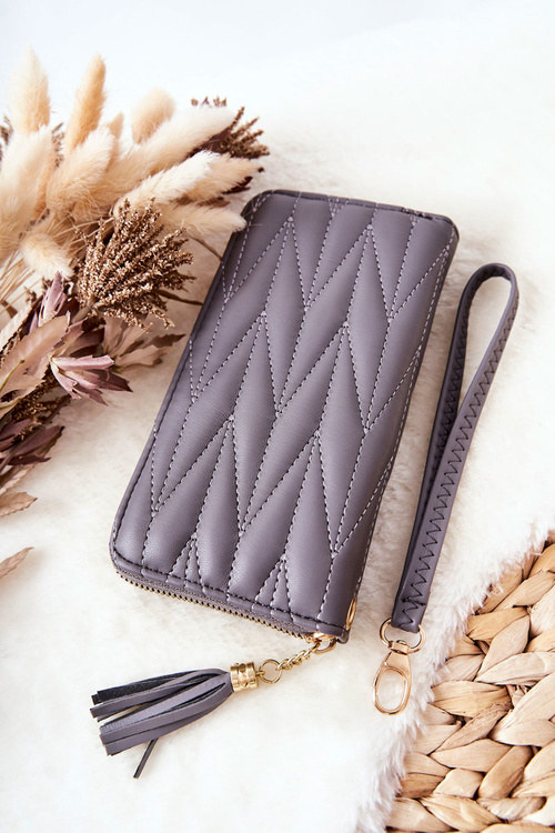 Velká prošívaná peněženka na zip s popruhem Šedý