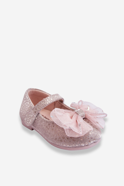 Detské baleríny s lukom a trblietkami so strieborným ružovým suchým zipsom Elisa
